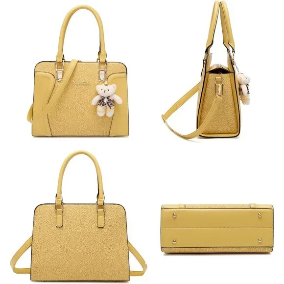 Women's Yellow Faux Leather Top Handle High Quality Smooth Zippers Tote Bag - Picture 3 of 4